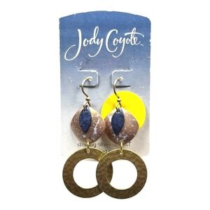 Vtg Jody Coyote Artisan Mixed Metal Hammered Geometric Drop Earrings Navy Gold